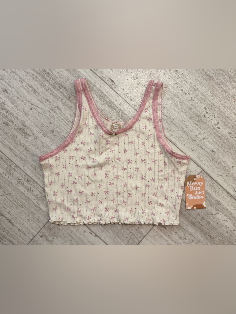 Cream and Pink Bow Print Ribbed Tank